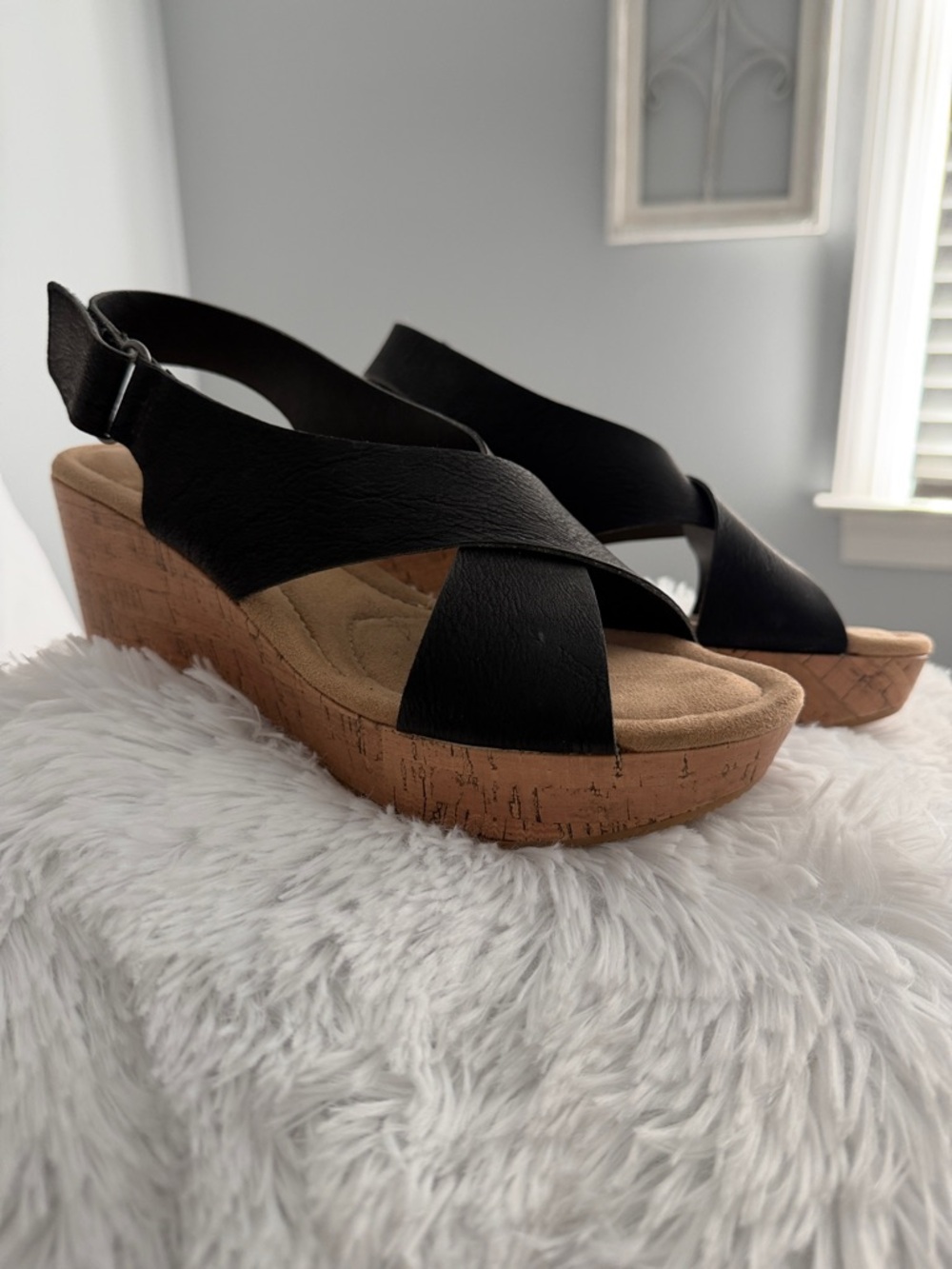 CL by Laundry Black Crisscross Cork Wedge Sandals